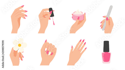 Φωτογραφία Set of manicured hands with nail polish and manicure tools