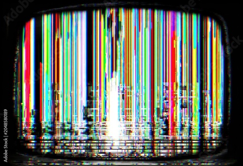 A weathered retro television with a malfunctioning screen melting into streams of rainbow-colored pixels, symbolizing technological decay, dystopian environment, photorealistic textures, high detail.