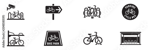 Bicycle parking icon set. Bike rack, storage shelter, lock chain, CCTV camera. Vector illustration.