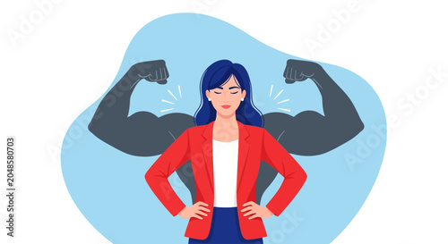 Photography Confident woman with flexed arms, empowerment concept, business illustration