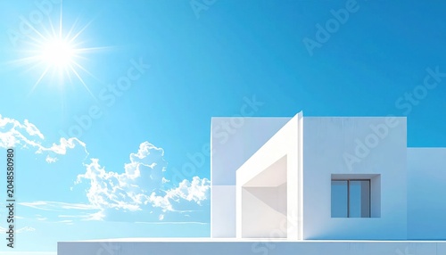 Modern White Building Under a Bright Blue Sky with Sun and Clouds.