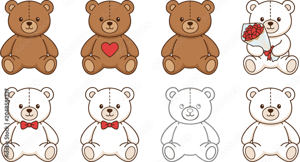 Obraz premium Cute Teddy Bear Toy Icon Set with Brown and White Plush Bears holding Flowers and Wearing Bow Ties for Children Birthday Cards Design