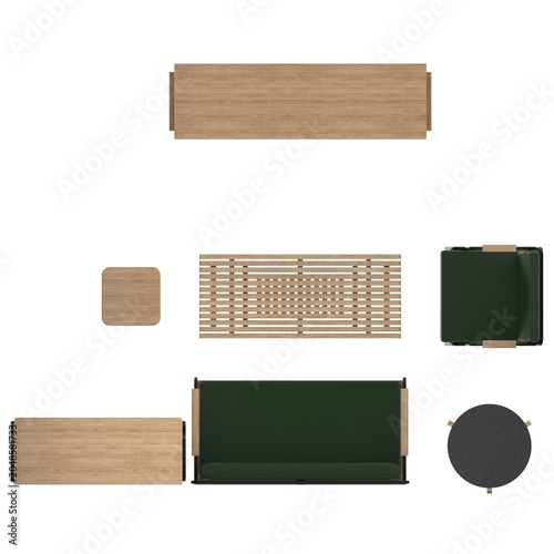 Canvastavla Top view of white oak living room set with wardrobe cabinet, sofa, chair, coffee table, and TV cabinet showing clean arrangement