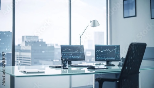 Modern Office Workspace with City View and Financial Data Displays.