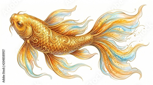 Stylized luxury digital art of a majestic golden koi fish with elegant liquid swirls and flowing transparent watercolor fins, oriental luxury design element, isolated on a solid white background, gene