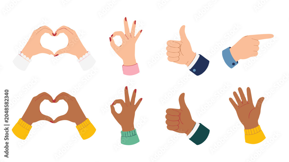 Fototapeta premium Set of hand gesture icons with heart, ok, thumbs up and pointing
