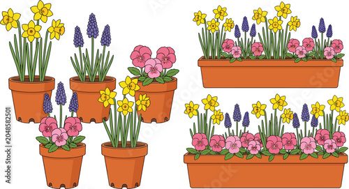 Foto Spring Flower Pot and Window Box Vector Set with Daffodils, Hyacinths, and Pansi