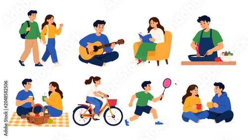 Bild auf Leinwand Set of people doing everyday leisure and home activities