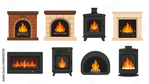 Photos Set of fireplace and wood stove icons with burning flames