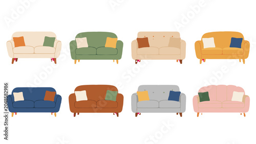 Bild auf Leinwand Set of colorful two seat sofas in flat vector style
