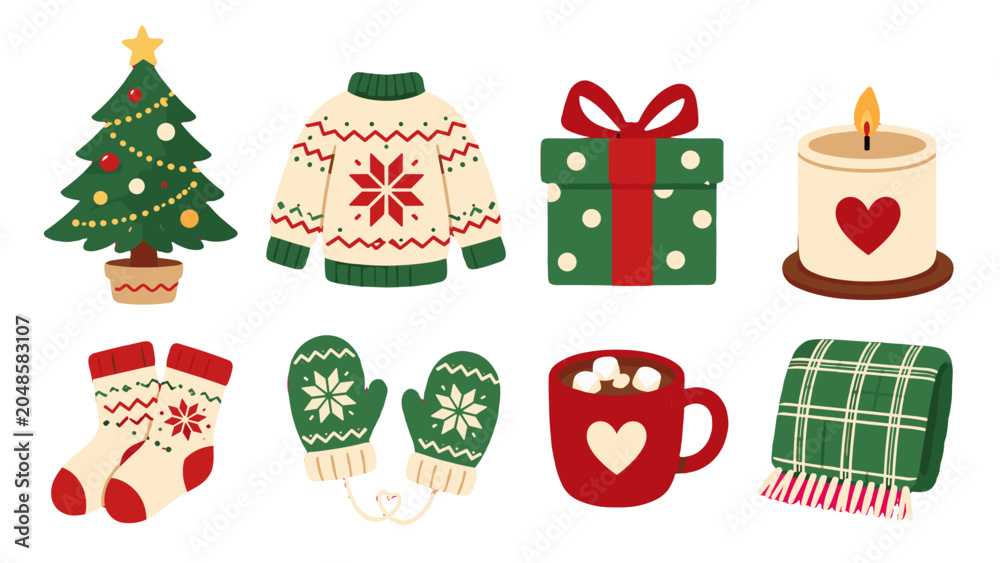 Obraz premium Christmas holiday icons set with tree sweater gift and candle