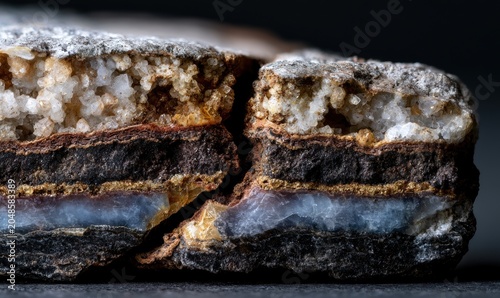 Rugged rock surface with distinct horizontal layers and embedded crystals