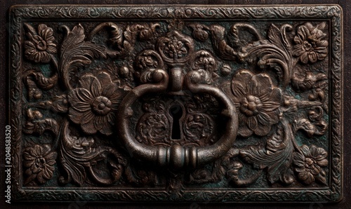 Old metal latch with detailed floral engravings