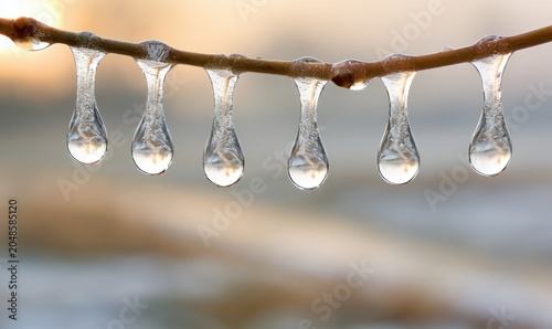Frozen water droplets cling to a branch