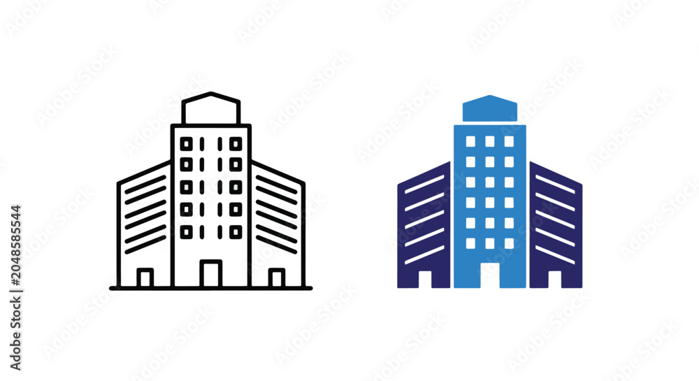 Obraz premium Office building architecture icon set: Clipart, sticker - icon set - Line and glyph solid icon and logo template 