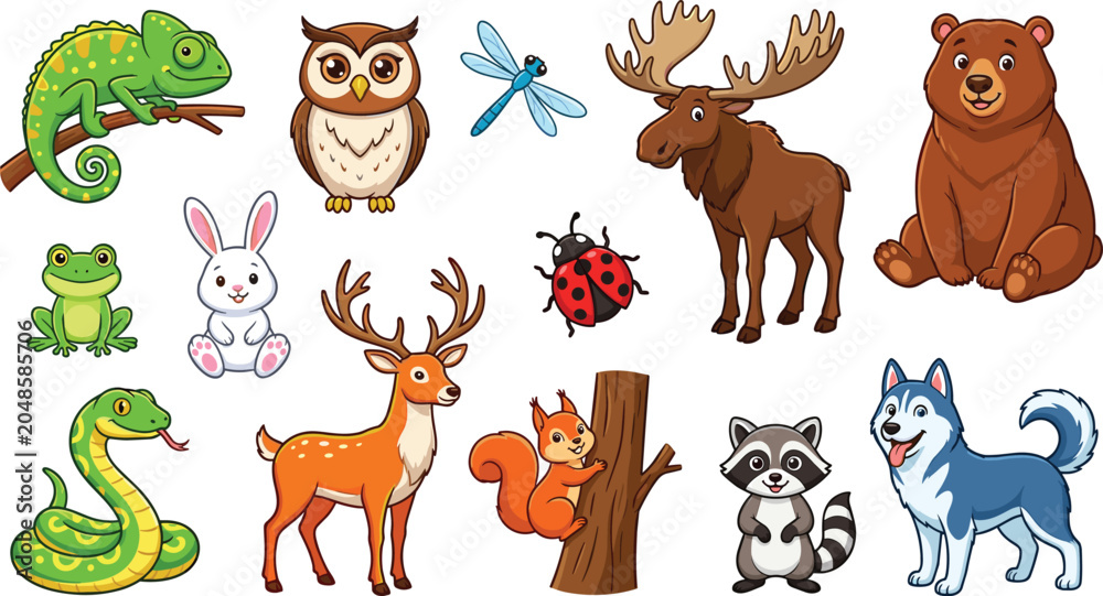 Fototapeta premium Cute Forest and Wild Animals Cartoon Character Set for Kids Education Baby Nursery Decor and Children Book Graphic Design Vector Illustration