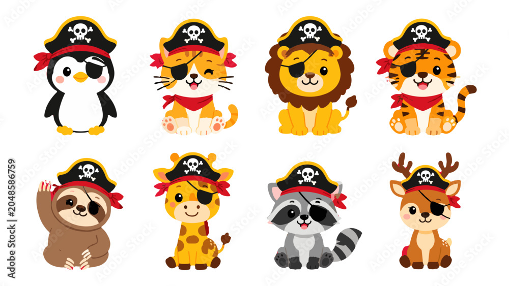 Fototapeta premium Cute animal pirates set with penguin, lion, tiger and more