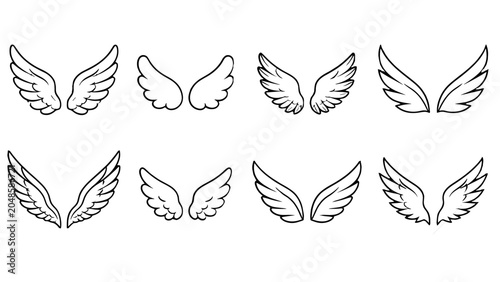 Fotografie Set of outlined angel wings in different decorative styles