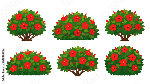Set of flowering green bushes with red blossoms in vector style