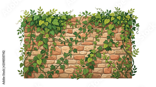 Green ivy leaves on brick wall.