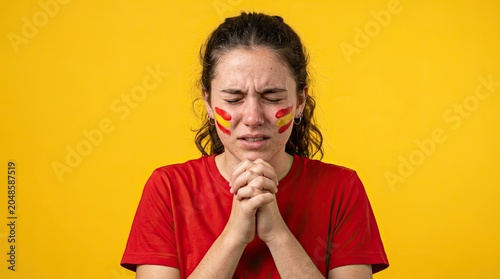 Spanish fan prays intensely during World Cup match, showing passionate support.