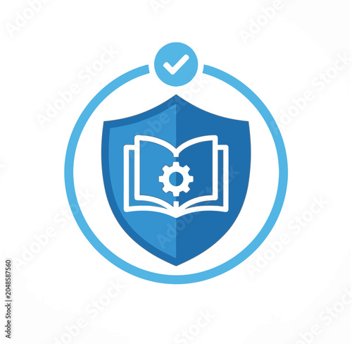 A blue shield icon with an open book and gear inside, surrounded by a circle with a checkmark