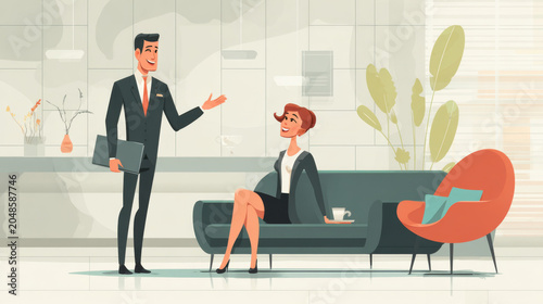Professional businessman and businesswoman talking together in a modern office interior with a couch and chair in a flat vector illustration style