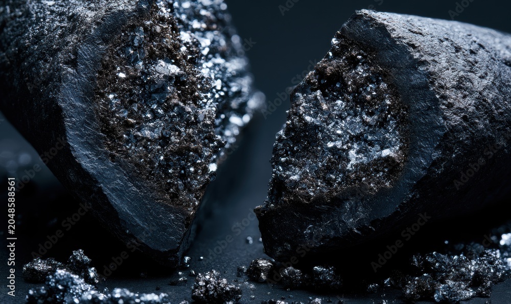 Fototapeta premium Charcoal fragments cracked open, revealing rough interior