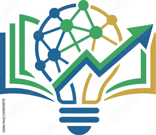 A colorful logo featuring a lightbulb and an open book with a molecular structure and upward arrow