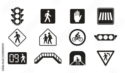 Traffic and pedestrian crossing icons. Vector illustration