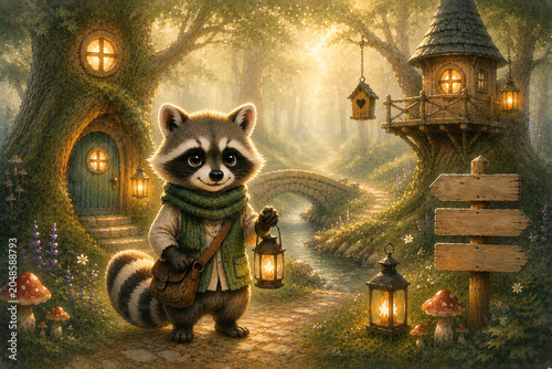 Charming cartoon raccoon with a lantern and bag standing in a fairy forest near a tree house and bridge