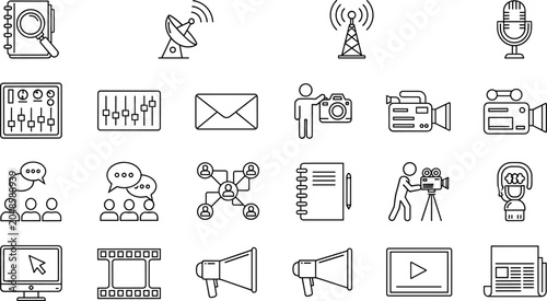 Media communication icon illustrations with broadcast audio video journalism and network designs, decorative artwork vector element for multimedia, news, and technology design
