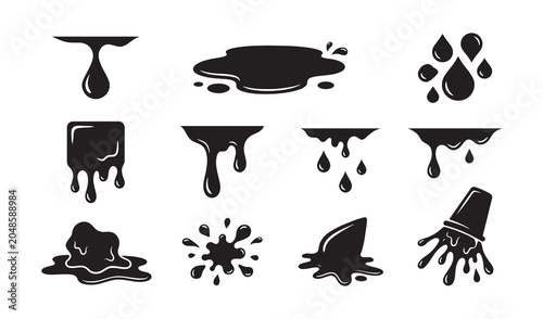 Set of black liquid drips and ink splashes isolated on a white background. Vector illustration