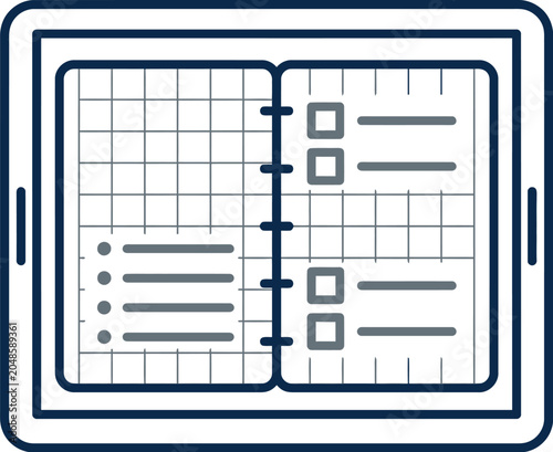 A graphic illustration of a digital tablet displaying a grid-based notebook page with lines and checkboxes.