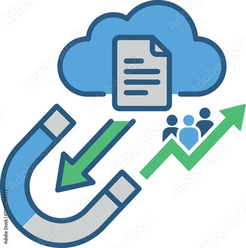 A cloud storage icon with a magnet attracting people and a document in a simple graphic design