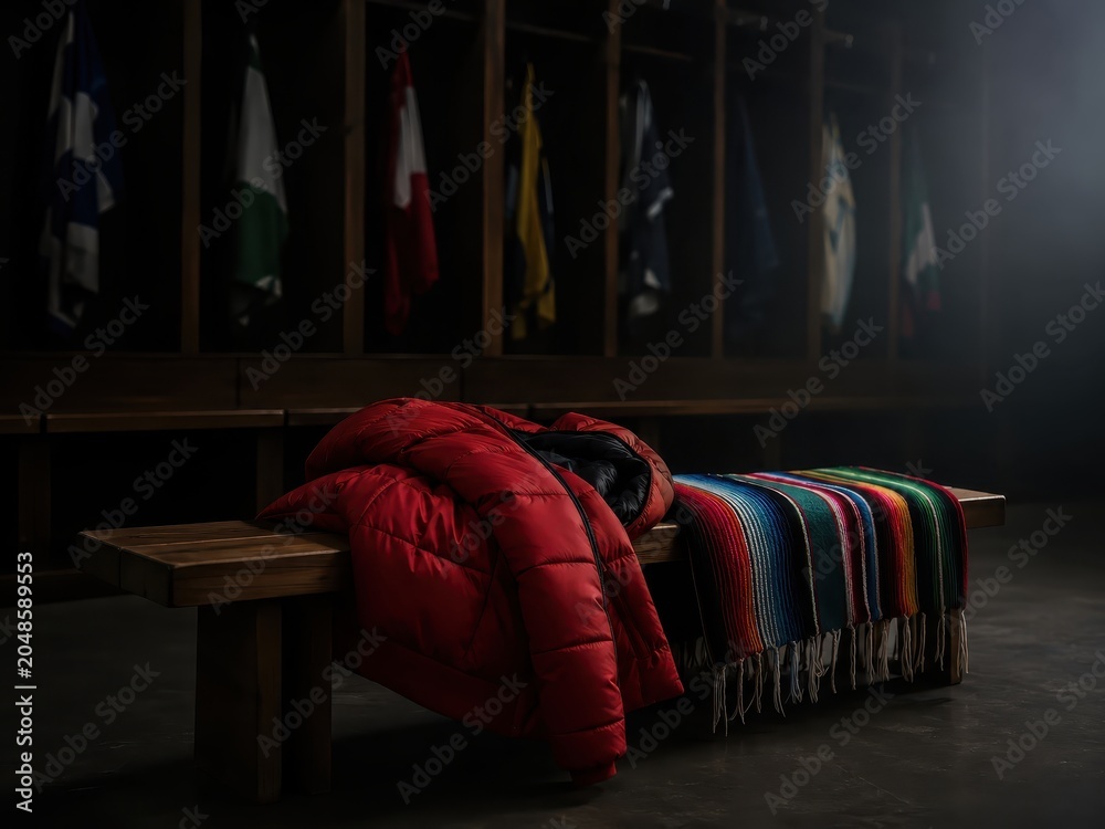 Obraz premium Red winter jacket and striped blanket on locker room bench for sports concept
