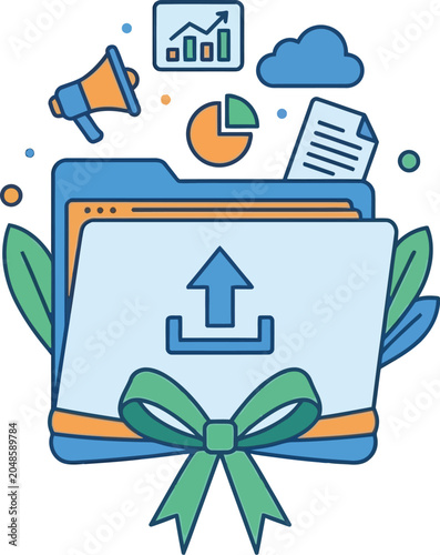 A colorful illustration of a gift-wrapped folder with an upward arrow, surrounded by business and data visualization icons.