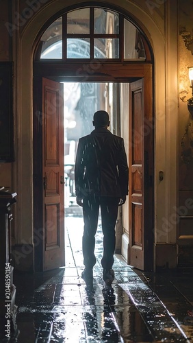 A man enters a dimly lit hallway through an open wooden door