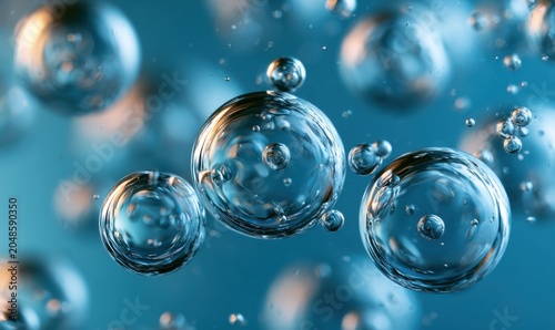 Close-up of transparent bubbles suspended in blue fluid