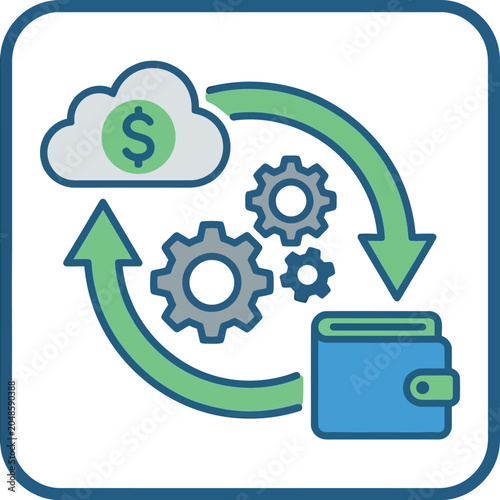 A financial icon illustrating the flow of money between a wallet, gears, and a cloud with a dollar sign