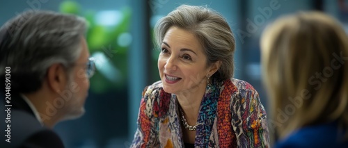 Stylishly dressed older woman with gray hair talks animatedly with two people in a meeting.