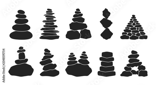 10 silhouette pack Rock Cairns, Stacked Stones and Balanced Rocks icon pack with rock cairn, stacked stones, balanced rocks, zen stones, and meditation in black silhouette vector