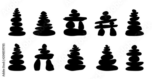 10 silhouette pack Rock Cairns, Stacked Stones and Balanced Rocks icon pack with rock cairn, stacked stones, balanced rocks, zen stones, and meditation in black silhouette vector