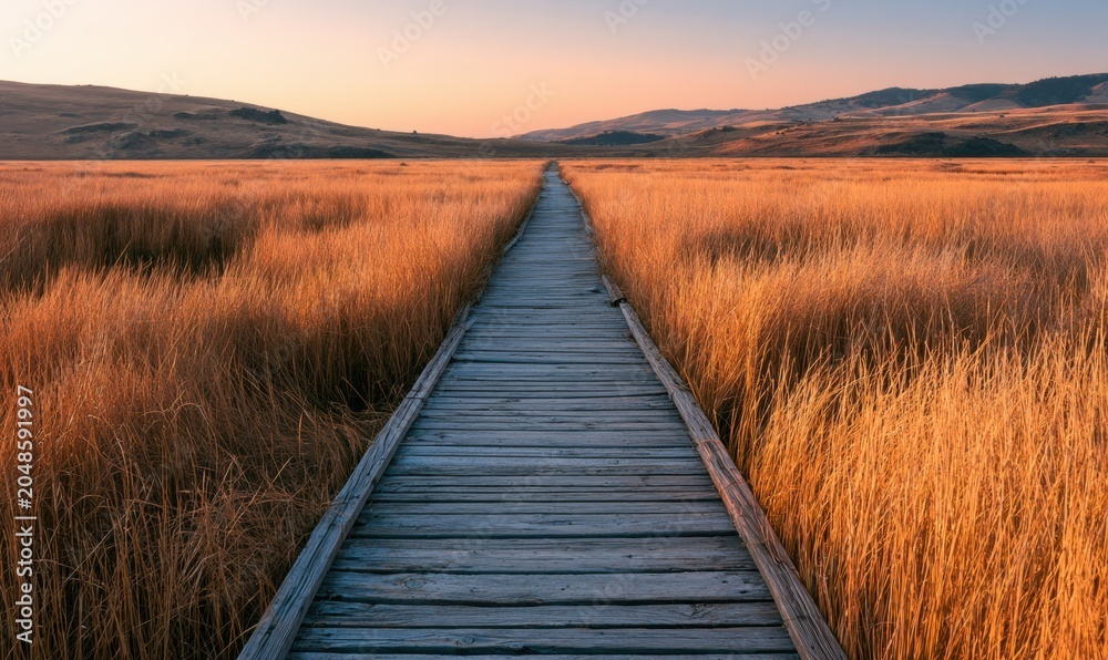 Obraz premium Sunlit wooden walkway winds through tall golden reeds toward distant hills