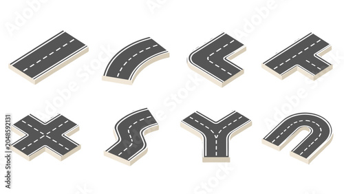 Quadro su tela Isometric road element set with straight, curved, and junction pieces