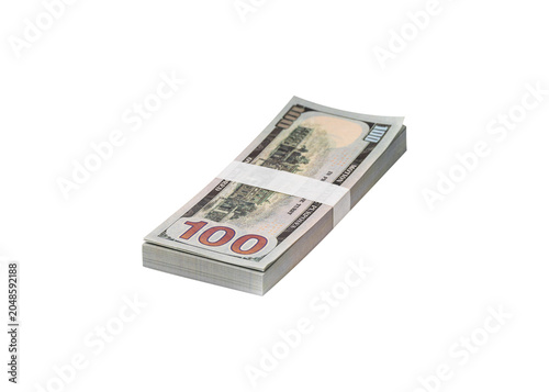 A neatly bundled stack of 100 US dollar bills, isolated on transparent. Concept for finance, banking, business, investment and economy. High-quality studio shot.