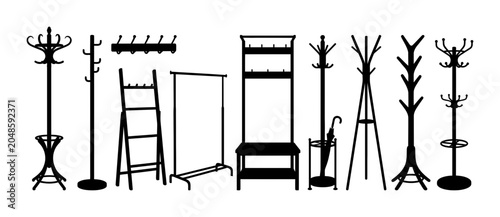 10 silhouette pack Coat Racks and Standing Hangers icon pack with coat rack, standing hanger, hat stand, clothes stand, and entryway in black silhouette vector