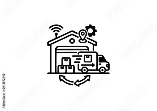 Warehouse and Logistics Icon with Truck, Boxes, Location Pin, Gear, Wireless Signal and Circular Arrows in Black and White Design Representing Supply Chain Management and Delivery Concept