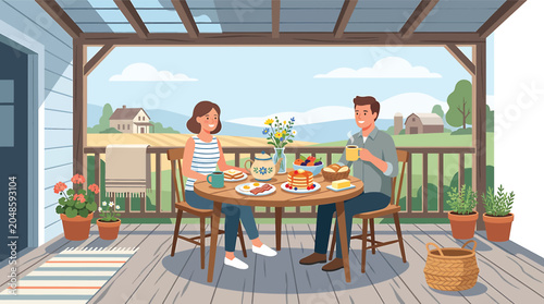 Fotografi Couple enjoying meal on patio deck.