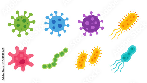 Принти на полотні Colorful cartoon microbe and bacteria icon set on white